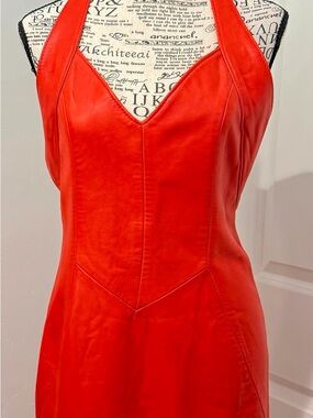 VINTAGE Red Leatherbound USA Leather Halter Dress